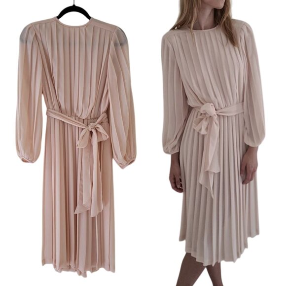 80s Light Pink Pleated Chiffon Long Sleeve Party Dress DINA BENNETT small/med - Picture 1 of 11